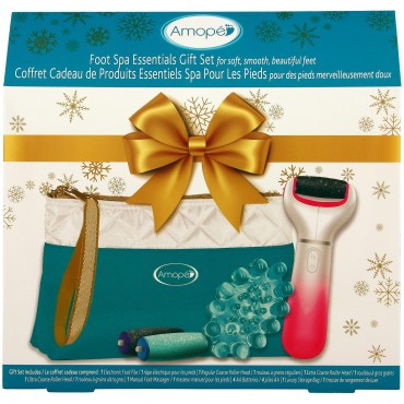 Amope Foot Spa Essentials Gift Set - Includes 1 Electronic Foot File, 1 Extra Coarse Roller Head Refill, 1 Ultra Coarse Roller Head Refill, 1 Manual Foot Massager