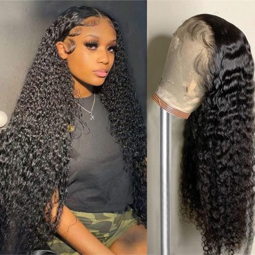 Deep Wave Lace Front Wigs Human Hair 13x4 HD Lace Frontal Wigs Human Hair Deep Curly Human Hair Wigs for Women Glueless Brazilian Virgin Hair Wet and Wary Human Hair Wigs Pre Plucked Hairline with Baby Hair Natural Black Color (24inch)