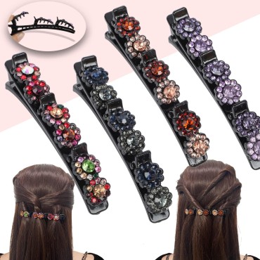 4pcs Braided Hair Clips, Large Barrette Layer for Thick Hairs, 3-Mini-Claw-Clip Layer for Thin Braiding Curly Hair, 2 Layer Decorative Rhinestone Flower Bobby Jaw Pin Hair Accessories for Styling Sectioning