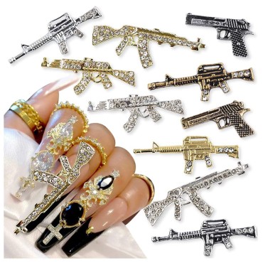 3D Metal Gun Nail Charms Alloy Weapon Nail Charm Luxury Diamond Gun Charms For Nails Gun Nail Jewels For Nail Art Decoration Rhinestones Nail Accessories DIY Nail Art Tools Nail Supplies,10pcs/set