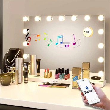 Filytop Vanity Mirror with Lights,10X Magnification,Large Hollywood Bluetooth Lighted Vanity Mirror with 15 LED Bulbs & Speaker,3 Color Modes,Touch Control for Tabletop or Wall-Mounted(23in)