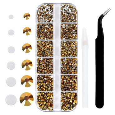 4240Pcs Gold Flatback Rhinestones 6 Sizes Crystal Diamonds for Nail Art Crafts Clothes Shoes with Tweezers and Picking Pen