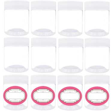 12 pack 4 oz Empty Plastic Jars with Lids,Wide-mouth Clear Storage Containers, Empty Round Clear Plastic Jars with Lids and labels for Body Butter, Bath Salt, Slime and Beauty Products