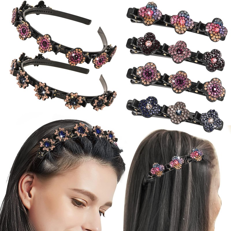 HOSAILY 4Pcs Sparkling Crystal Stone Braided Hair Clips and 2Pcs Hairpin Headbands Double Layer with Rhinestones, Four-Leaf Clover Chopped Hairpin Duckbill Clip with 3 Small Clips for Women and Girls