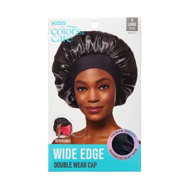 KISS Colors & Care Silky Satin Wide Edge Double Wear Cap XL, Black, Double Sided Reversible Design, Premium Charmeuse Fabric, Protects styles & Retains Moisture, Slip-Free, Comfortable & Durable Overnight Hair Bonnet, All Hair Types & Styles