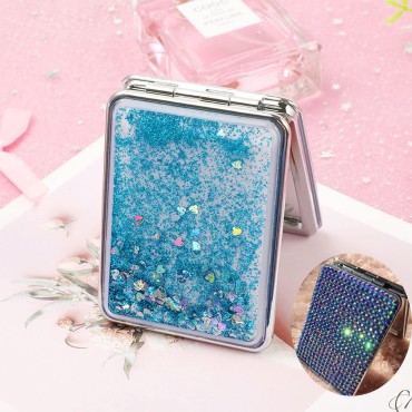 Reabhpy Compact Mirror, Quicksand Pocket Mirror Square with Blingbling Diamond Foldable Fashion Hand Mirror 1X/2X for Purses and Travel Women Girls Gifts (Blue)