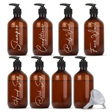 [8 Pack] Plastic Amber Bottles with Pump & Funnel ...