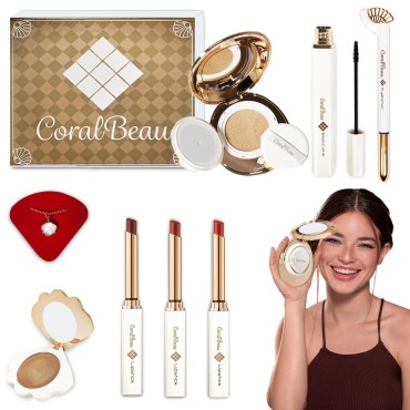 CoralBeau Shell Makeup Set - All in One Makeup Kit for Women with Compact BB Cream Powder, Eyeshadow Palette with Brown Shades, Eye Shadow Brush, Mascara, 3 Lipsticks, Necklace - Make Up Gift Set Box