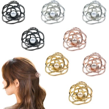 8Pcs Mini Rose Flower Hair Claw Clips Pearl Claw Clip Rose Claw Clamp Metal Hairpin Clip Claw for Women,Girls Thin Hair in Daily Life,Dates,Parties,Birthdays,Weddings