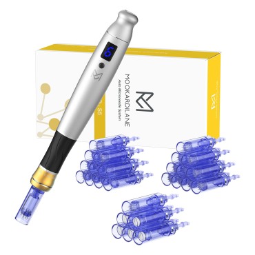 Microneedling Pen Wireless Electric with 26 Replacement Cartridges, Adjustable Microneedle Professional Micro Needling for Derma Face Home Use Silver-Gold