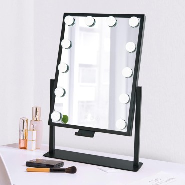 BWLLNI Vanity Mirror with Lights, Lighted Makeup Mirror, Hollywood Mirror with Phone Holder, 12 Dimmable LED Bulbs, 3 Color Lighting Modes, Detachable 10X Magnification, 360°Rotation(Black)