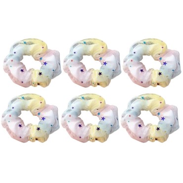 6 Pcs Rainbow Hologram Metallic Double Layer Stars Hair Scrunchies Grenadine Hair Bobbles Elastics Ponytail Holders Hair Wrist Ties Bands Scrunchies for Show Gym Dance Party Club Girl Students (Pink Yellow)