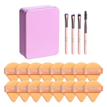 16 Pcs Powder Puff With 4 Pcs Makeup Brushes, Face Makeup Sponge,Triangle Wedge Shape Soft Cotton Velour with Strap for Contouring,Under Eyes And Corners, Cosmetic Foundation Wet Dry Beauty Makeup Tool