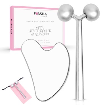 Fuasha Stainless Steel Guasha Face Roller - Premium Gua Sha Facial Tools Metal Face Roller Set - Lymphatic Drainage Massage Scraping Board - Face Body Massaging Tool - Skincare Bundle