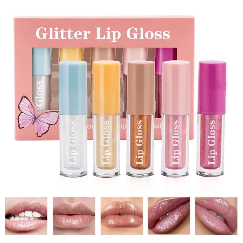 HOSAILY 5 Colors Glitter Liquid Lipstick Set Metallic Diamond Shimmer Lip Gloss Waterproof and Long Lasting Sparkling Glitter Lipstick Glossy Lip Plumping Lip Oil Shinning Lip Gloss Set