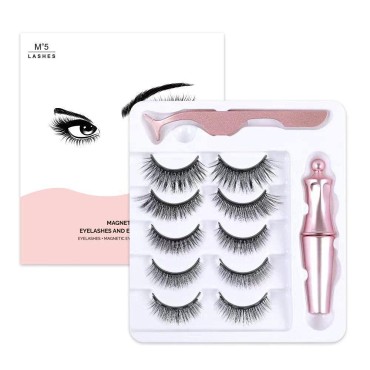 5D Magnetic Eyelashes with Eyeliner,Upgraded Magnetic Eyeliner and Eyelashes Kit, False Lashes with Tweezers, Thick Curly Lashes with Waterproof Texture, Easy to Wear and Reusable