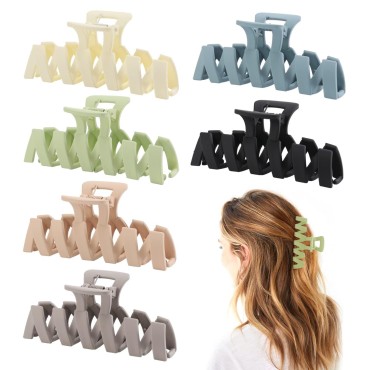 6 PCS Jumbo Claw Clips for Women, Large Hair Claw Clips for Thick Hair, Strong Hold Matte Hair Clips for Thin Hair, Y2k Modern Wavy Hair Claws Neutral Jaw Clips for Girls Hair (6 Colors)