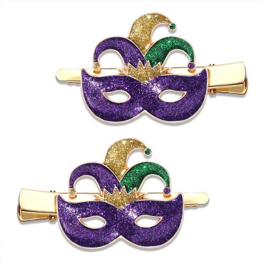 Mardi Gras Hair Clips Glitter Fleur De Lis Mask Hairpins Carnival Crown Hat Alligator Metal Clip Purple Green Yellow Hair Barrettes Parade Holiday Party Styling Hair Accessory for Women