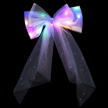 Jeairts LED Bow Clip Glowing Rainbow Veil Wedding Hair Piece Barrette Colorful Tulle Bow with Clips Bachelorette Party Hair Accessories for Women and Girls