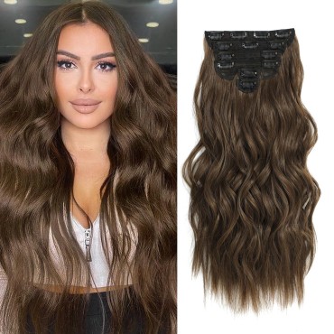 Fliace Clip in Hair Extensions, 6 PCS Natural & Soft Hair & Blends Well Hair Extensions, Medium Brown Long Wavy Hairpieces(20inch, 6pcs, Medium Brown)
