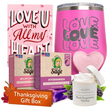 LOVE Box Spa Gift Set for Women - Lotion, Soap, Bath Bomb, Pink Tumbler - Self Care Kit - Spa Gift Baskets for Women, Birthday Gifts for Women or Any Special Occassion, 6pcs Spa Day Kit Age of Sage