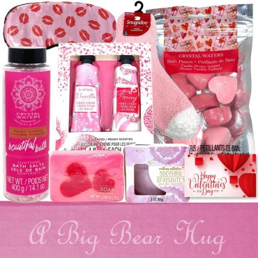 Mothers Day Spa Gift For Women | 1 Scented Candle 1 Bath Salt 8 Love Heart Bath Fizzer Bomb 2 Hand Cream 1 Satin Eye Mask 1 Fuzzy Socks 1 Love Bar Soap Gift Box For Her Mom Sister Friend