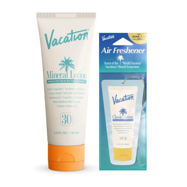 Vacation Mineral Lotion Sunscreen SPF 30 + Air Freshener Bundle, Premium Zinc Sunscreen For Sensitive Skin, Hydrating + Lightweight Mineral Based Sunscreen, Dermatologist Tested, 3.4 fl. Oz.