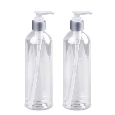 Refillable Empty Pump Bottles - 12oz Plastic Clear Round Bottles Containers for Creams, Hand Soap, Body Wash, Shampoo, Lotions, and Aromatherapy Oils (Pack of 2)