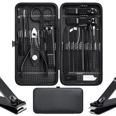 Cater Manicure Nail Clippers Pedicure Set - Stainless Steel Manicure, Professional Grooming Kit, Nail Care Tools with Luxurious Travel Case (18pcs-Black)