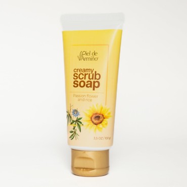 Piel de Armiño - Creamy Scrub Soap - Exfoliating soap cleanser - Body Exfoliator Scrub - With sunflower oil, shea butter, passion flower seeds and rice. Provides softness and silky sensation.
