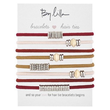 By Lilla Chili Stack Ponytails Hair Ties and Bracelets - Set of 8 Hair Tie Bracelets - Hair Ties for Women - No Crease Hair Ponytails & Women’s Bracelets - (Khaki/Rose/Silver)