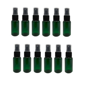 Natural Farms 1 oz Plastic Green Boston BPA FREE Bottles - 12 Pack Empty Refillable Containers - Essential Oils Cleaning Products - Aromatherapy - Black Fine Mist Sprayers - Made in the USA