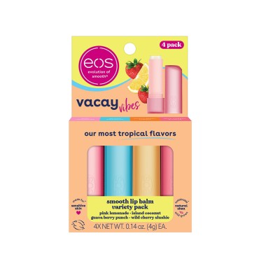 eos Vacay Vibes Lip Balm Variety Pack- Pink Lemonade, Island Coconut, Guava Berry Punch & Wild Cherry Slushie, All-Day Moisture Lip Care Products, 0.14 oz, 4-Pack