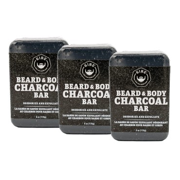 GIBS Beard & Body Charcoal Bar Soap, Deodorize, Exfoliate, & Cleanse, 6oz, (Pack of 3)