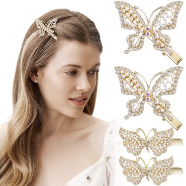 OIIKI 4PCS Butterfly Hair Clips, Pearl Rhinestones Hair Pins, Metal Butterfly Hair Barrettes, Gold Hair Clips, Crystal Pearl Decorative Hair Accessories for Women, Girls, Brides -Gold, Yellow,