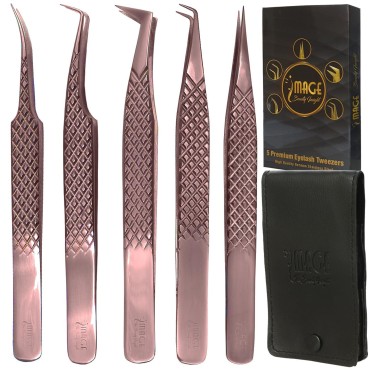 Image Lash Tweezers Set, 5 Pcs Stainless Steel Tweezer Set With Leather Case, Professional Eyelash Tweezers for Extensions With Titanium Coated Tips, Eyelash Extension Tweezers (Rose-Gold)