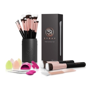 SyBay Professional Makeup Brushes (26 Pcs) Make Up Brush Set - Vegan Make Up Brushes, Lip Brushes, Eye Brushes, Blending Sponges, Brush Guide & Case