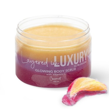 Blossom Layered in Luxury Glowing Scented Lather Foaming Body Sugar Scrub Exfoliating Polish with Skin Brightening Vitamin C, Cruelty Free, 300ml, Coconut