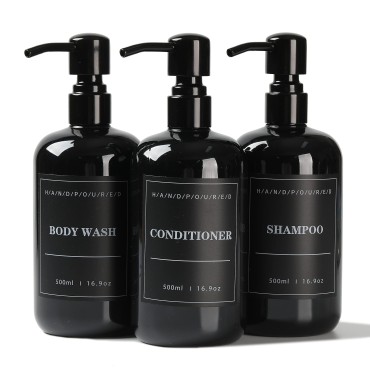 AWWAOOAWW Refillable Shampoo and Conditioner Dispenser,Black Shampoo and Conditioner Bottles?3pcs 16.9oz Shower Bottles with Pump and Label?Bathroom Decor?Bathroom Upgrades?Stainless Steel Pump Head?