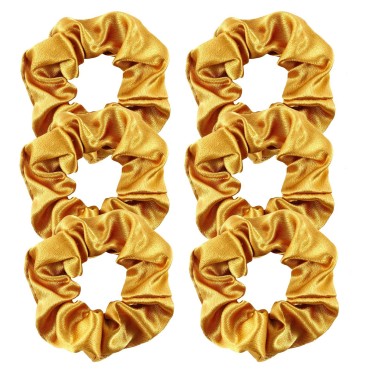 6 Pack Soft Charmeuse Sleep Hair Scrunchies Bright Satin Hairstyle Ponytails Holder Hair Scrunchy Elastic Hair Bands Ties Hair Accessories Pineapple Hair Wrist Band for Women Girls Bridesmaid Curly Coarse Hair Bun Workouts (Gold)