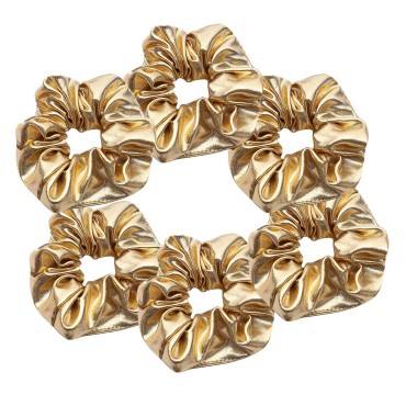 OTYOU 6 Pack PU Leather Cheer Hair Scrunchies Gold Stamping School Performance Scrunchy Bobbles Elastic Hair Bands Ties Hair Accessories Wrist Band Dance Recital,Gymnastics,Birthday,Themed Party Festivals Cosplay Show for Girls (Gold)