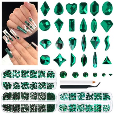 2750Pcs Green Nail Rhinestones 240 Multi-Shapes Em...