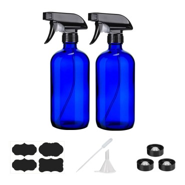 YUNFOOK 16 oz Blue Glass Spray Bottles - 2 Pack Refillable Empty Bottle for Cleaning Solutions, Essential Oils, Plants, Hair Mister - with Labels &Funnel, Dropper (16oz-2pack, Blue)