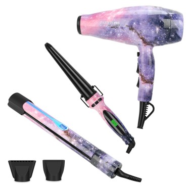 3 in 1 1875W Hair Dryer + Straightening Iron + Curling Iron, PARWIN PRO BEAUTY Hair Styling Set, Ion Hair Dryer, Flat Iron Hair Straightener, Cone Curling Iron, Gift Set,Galaxy Pattern