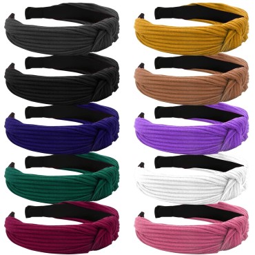 Ouskr 10 Pcs Wide Knotted Headband for Women, Fashion Knot Headbands for Womens, Non-slip Cross Turban Head Bands Girls Solid Color Comfortable Cute Hair Accessories