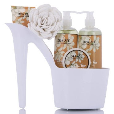 Draizee Heel Shoe Spa Gift Basket For Women - White Tea Scented 5 Pcs Home Relaxation Bath Essential Spa Gift Basket Set w/ Body Lotion, Butter & Puff, Shower Gel, Bubble Bath, Christmas Gift For Her