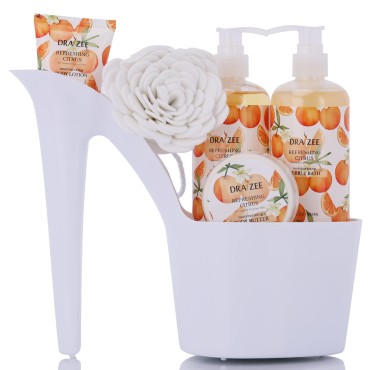 Draizee Spa Basket For Women Heel Shoe - Citrus Scented Home Relaxation Bath Essesntial Spa Gift Basket Set - Body Lotion, Butter & Puff, Shower Gel, Bubble Bath, #1 Christmas Gift Basket For Women