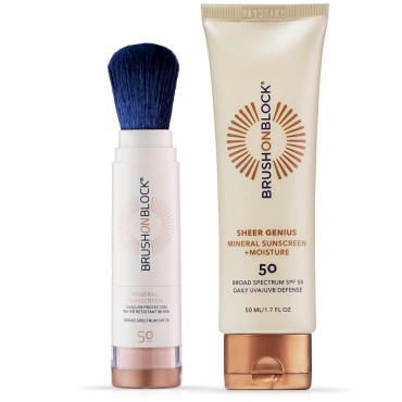 Brush On Block 50-50 Duo Sheer Genius Mineral Sunscreen & Moisturizer SPF 50 & Mineral Sunscreen Powder, SPF 50, Safe for Sensitive Skin, UVA UVB Face Protection, Natural, Reef Friendly (Translucent)