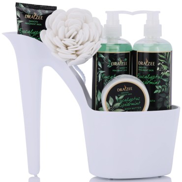 Draizee Spa Basket For Women Heel Shoe - Eucalyptus Spearmint Scented Home Relaxation Bath Essesntial Spa Gift Basket Set w/ Body Lotion, Butter & Puff, Shower Gel, Bubble Bath, Christmas Gift For Her