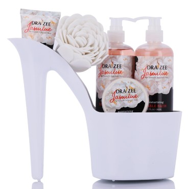 Draizee Heel Shoe Spa Basket For Women - Jasmine Scented Home Relaxation Bath Essesntial Spa Gift Basket Set - Body Lotion, Butter & Puff, Shower Gel, Bubble Bath, #1 Christmas Gift Basket For Women